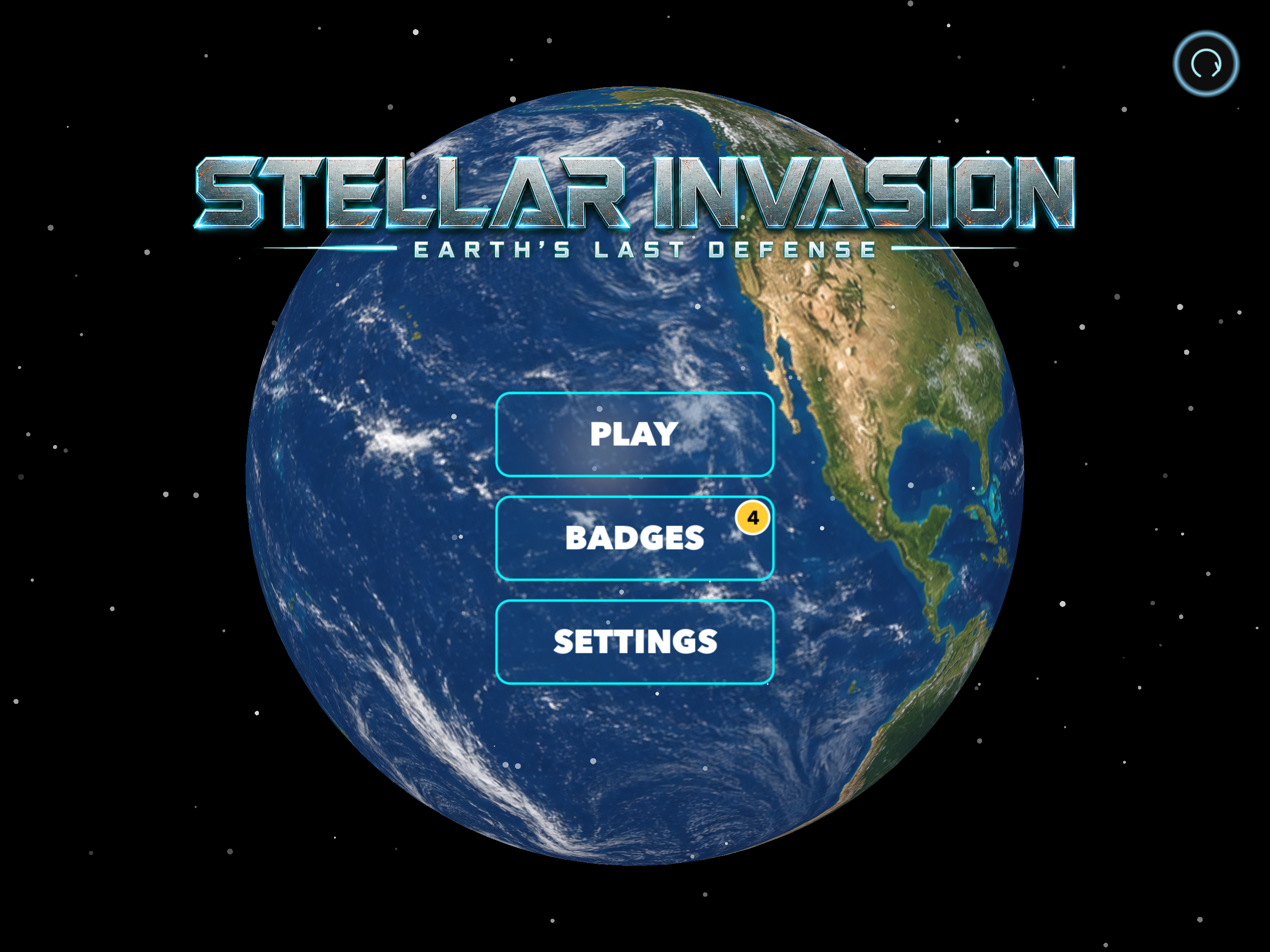 Stellar Invasion main menu — rotating Earth with the title screen